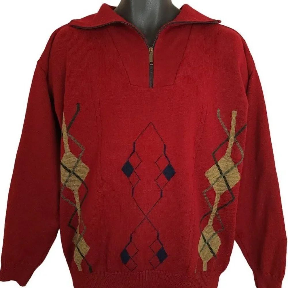 Celesto Oswal Rockabilly Sweater Vintage Argyle Mock Neck Quarter Zip Medium